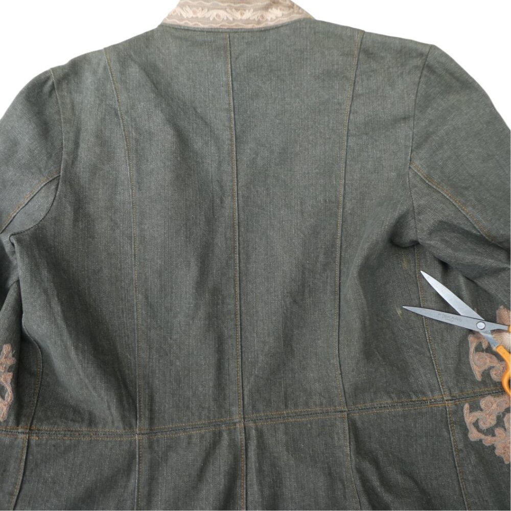 Vintage 90s Designer Flower Embossed Denim Trench Coat 3D Paisley Satin Lined 10 - Picture 14 of 14